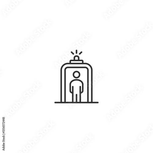 Minimalist linear icon of security scanner gate with person and alarm signal.
