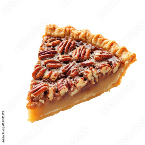Delicious slice of pecan pie with a flaky crust and caramel filling served on a white background on transparent background