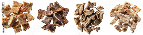 Freeze-dried meat chunks for pet food packaging concept. A collection of dried meat chunks displayed in various shapes and textures