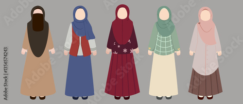 Diverse Hijab Fashion: Stylized Flat Vector Illustration