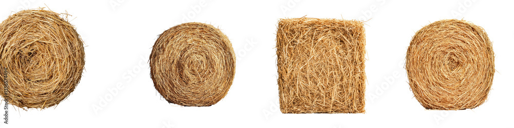 Closeup view of various rolled and stacked straw and hay bales in a countryside farm setting Closeup view of various rolled and stacked straw and hay bales in a countryside farm setting