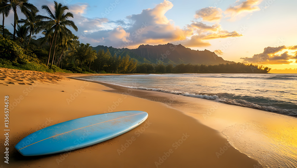 Paradise Found: A serene beach scene unfolds, featuring a surfboard resting on the shore, bathed in the warm hues of a sunset over the ocean. Paradise Found: A serene beach scene unfolds, featuring a surfboard resting on the shore, bathed in the warm hues of a sunset over the ocean.
