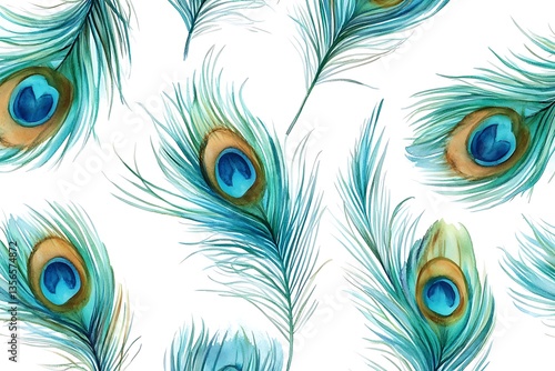 Watercolor peacock feathers on white background, decorative seamless pattern design