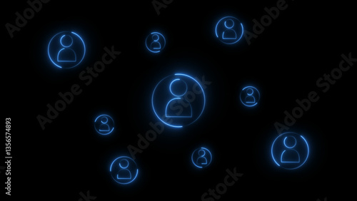 illustration of glowing neon blue color social network connection icon isolated .Business online communication and abstract social network connection concept . neon sign . on a black background