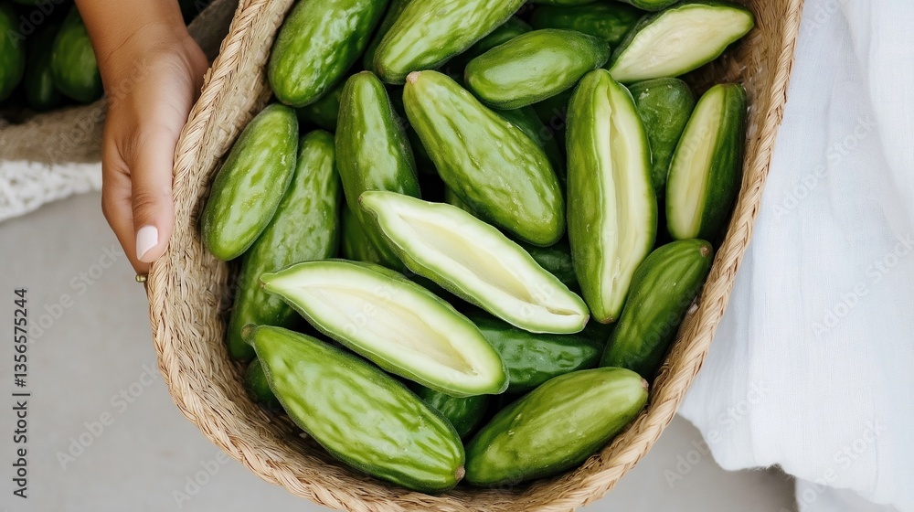 Fresh Green Produce in Woven Basket Display Fresh Green Produce in Woven Basket Display