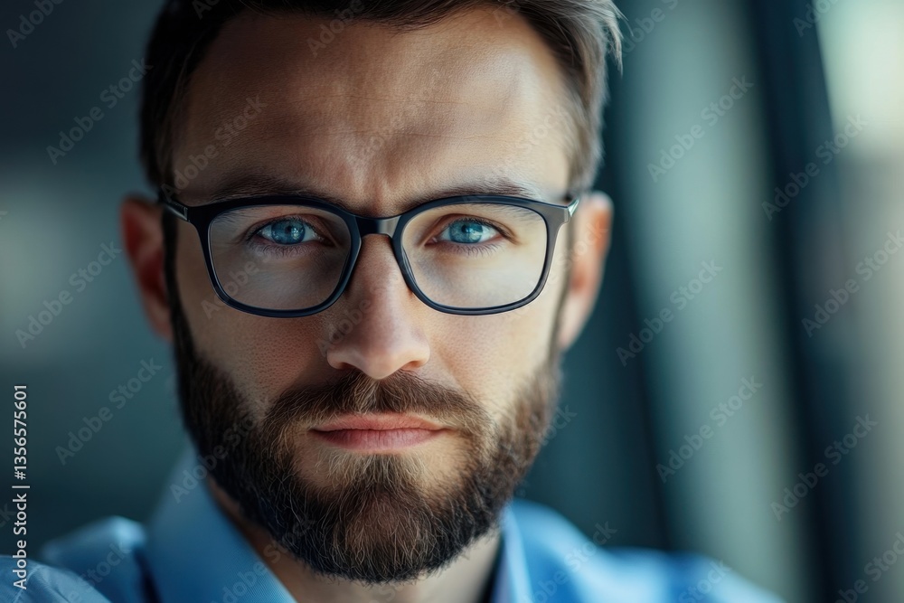Sharp-dressed man with glasses and beard looks intently at the camera in an urban setting Sharp-dressed man with glasses and beard looks intently at the camera in an urban setting