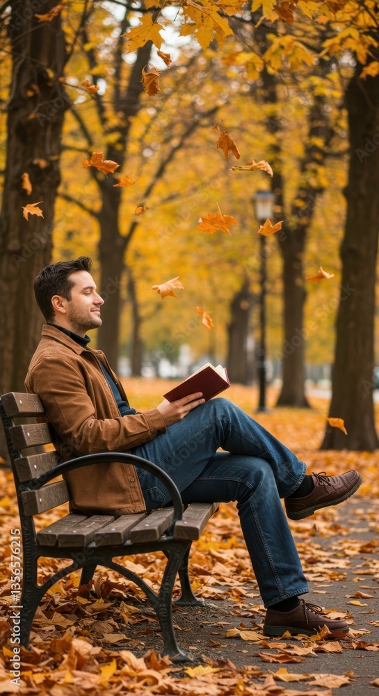 Autumnal Serenity: Man Reading a Book on a Bench in a park during Fall