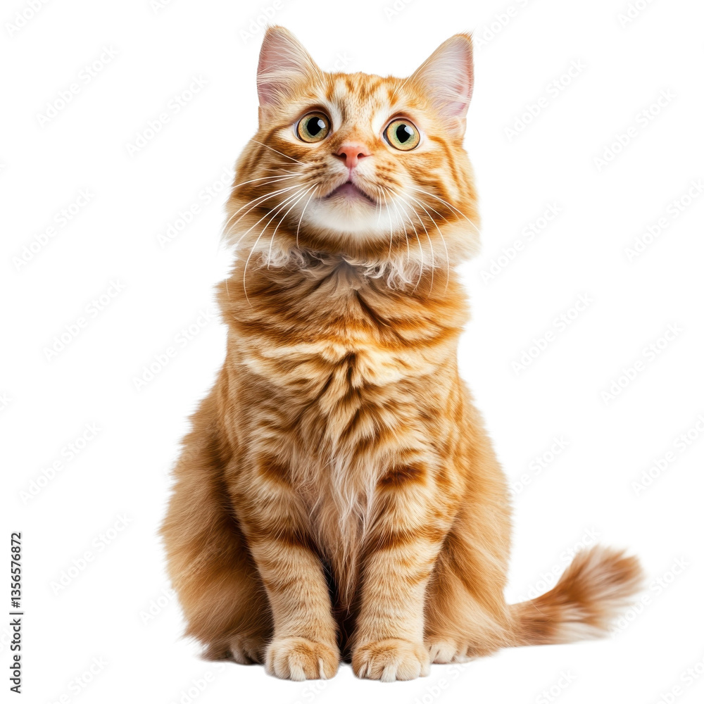 Obraz premium Fluffy orange cat sitting upright with wide eyes and a curious expression in a bright setting on transparent background