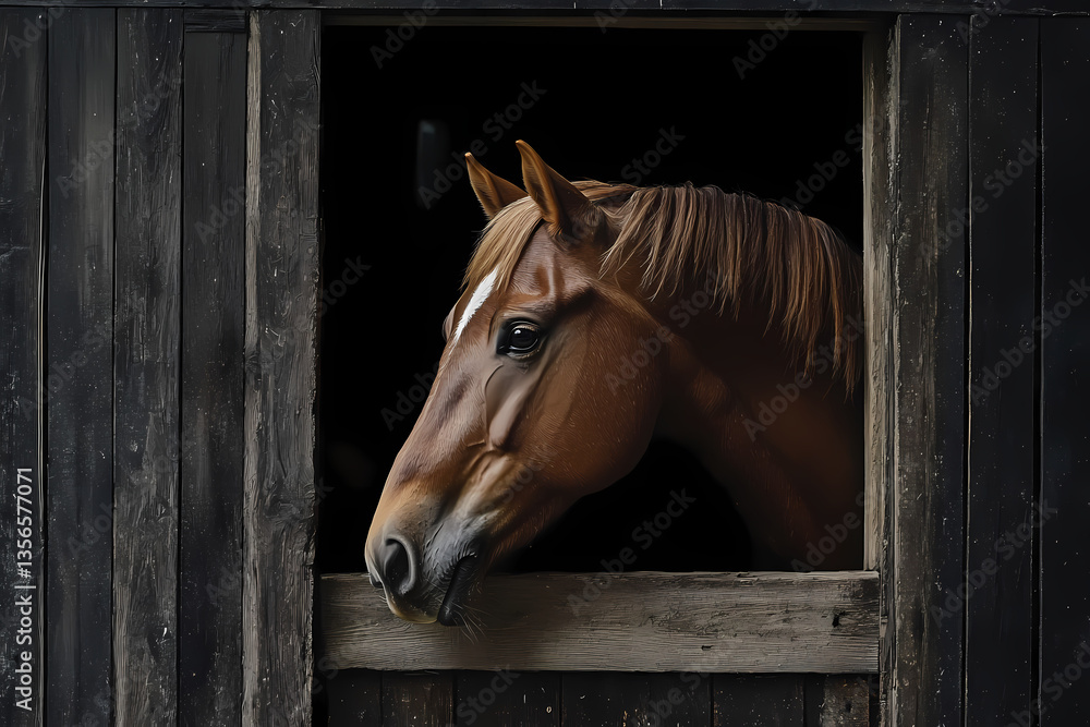 Obraz premium Poised Glance: A majestic horse, with a sleek coat and intelligent eyes, peers out from a wooden stable window, exuding a sense of quiet curiosity.
