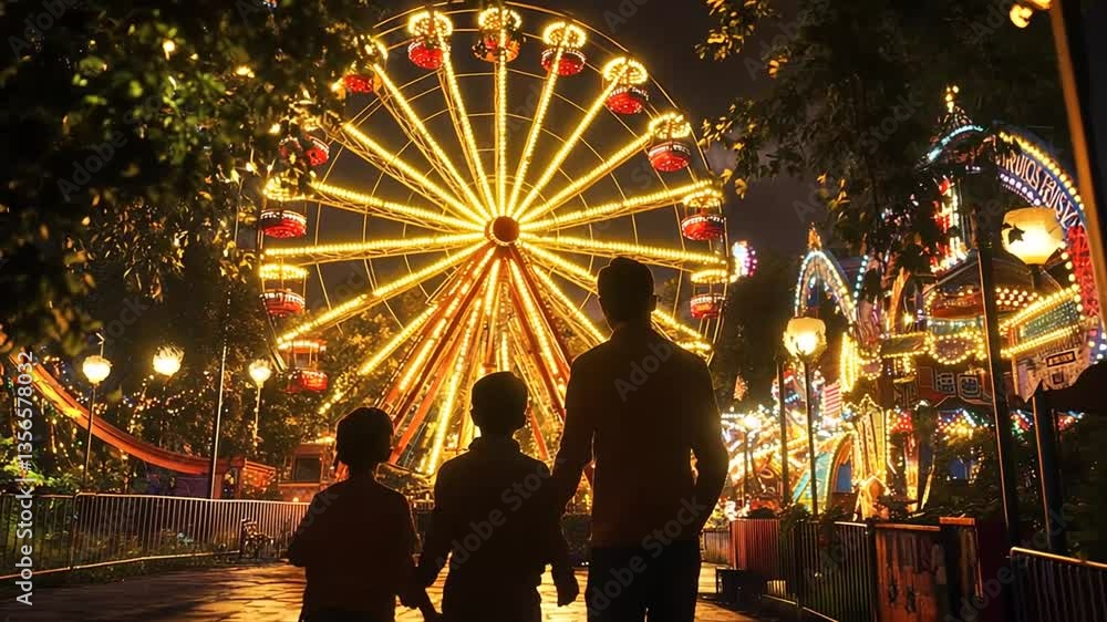 A family strolls through a brightly lit amusement park at night, with a Ferris wheel. A family strolls through a brightly lit amusement park at night, with a Ferris wheel.