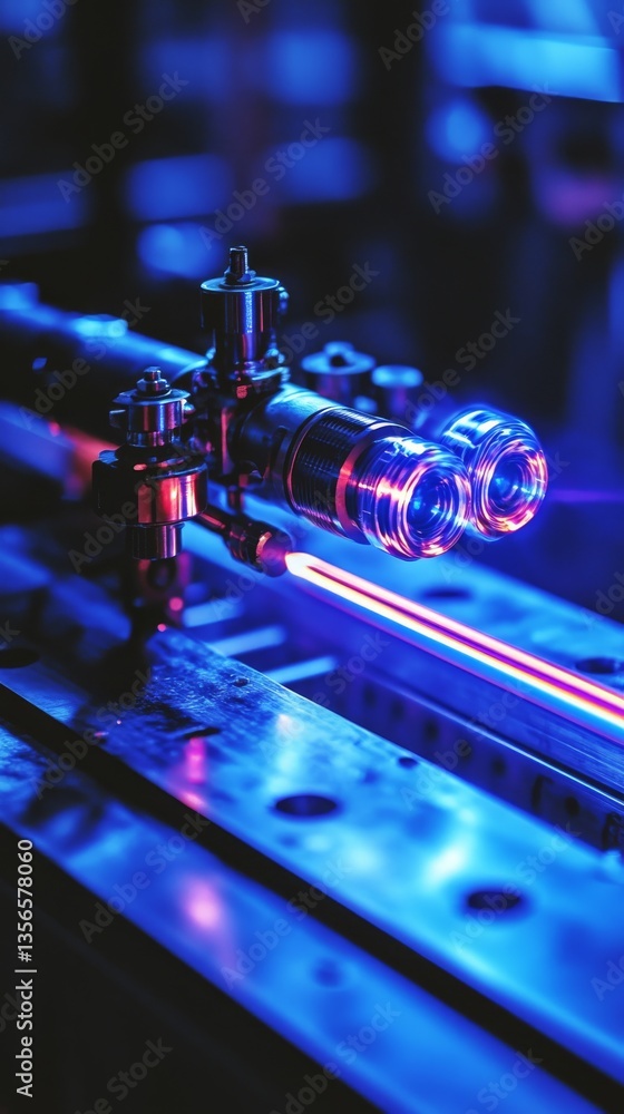 A detailed shot of a cutting-edge lens or optical device, featuring elaborate designs and vivid blue and red lighting A detailed shot of a cutting-edge lens or optical device, featuring elaborate designs and vivid blue and red lighting