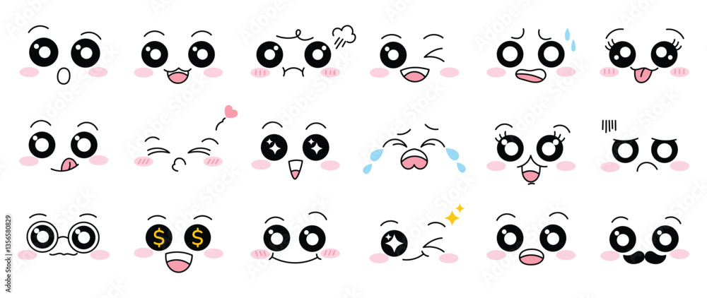 Fototapeta premium Kawaii cute face element vector set. Funny japanese emoticon in different expressions, big eyed, mouth, eyebrows. Cartoon character and face illustration. Design for decoration, sticker, icon, kids.