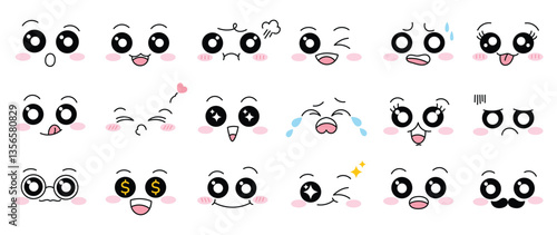 Kawaii cute face element vector set. Funny japanese emoticon in different expressions, big eyed, mouth, eyebrows. Cartoon character and face illustration. Design for decoration, sticker, icon, kids.