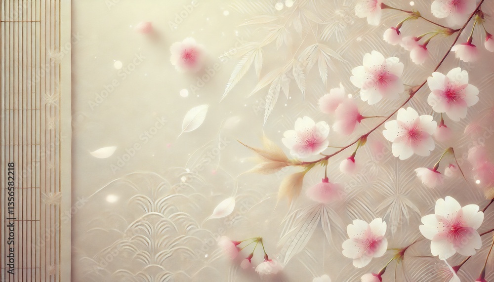 Fototapeta premium 麻の葉文様に桜が舞う柔らかな光の和風背景