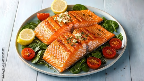Delicious Grilled Salmon Fillets with Lemon and Spinach