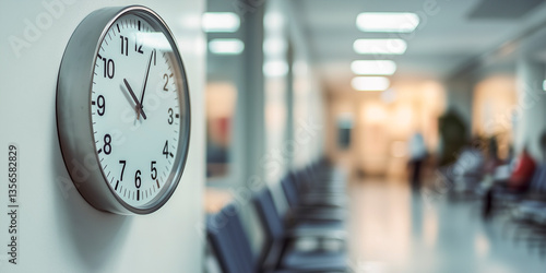 Wall clock in hospital waiting area, with patients seated and people walking in a blurred background