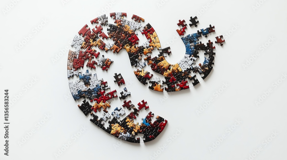 Colorful puzzle pieces arranged in a swirling pattern on a white background. Colorful puzzle pieces arranged in a swirling pattern on a white background.