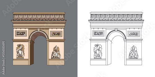 2 versions de l’arc de triomphe de face, dessin filaire noir et illustration couleur.