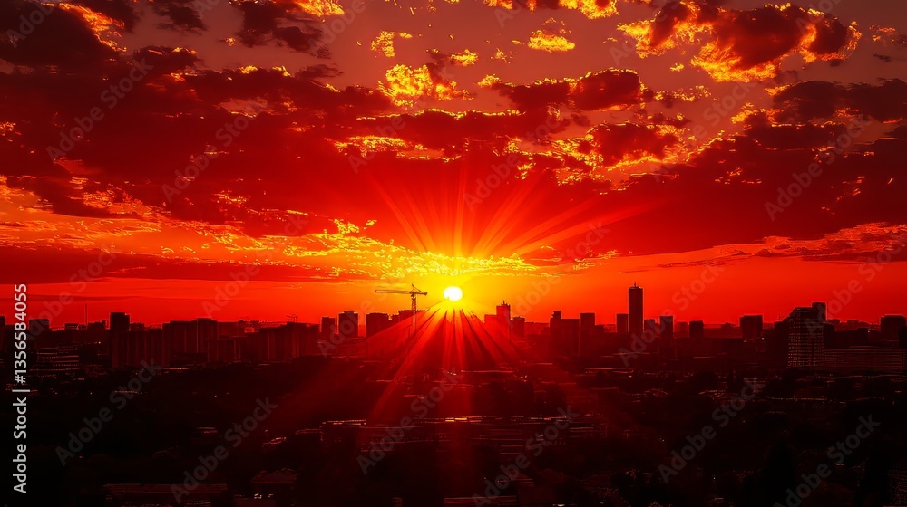 Fototapeta premium Against a vivid sunset, a construction site stands out, featuring scaffolding and a crane framed by colorful clouds