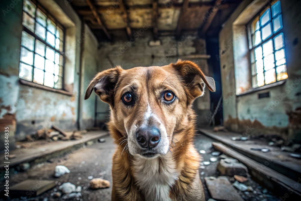 Lost canine, anxious eyes reflecting the abandoned building's rust and shadows