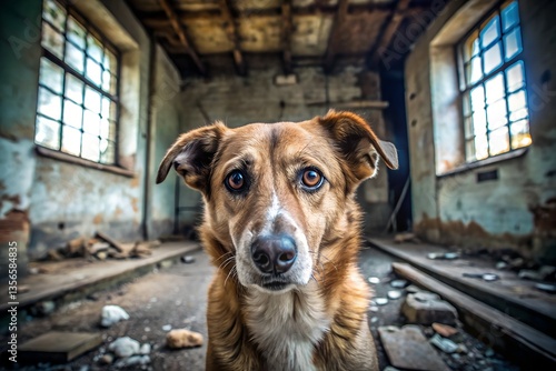 Obraz na płótnie Lost canine, anxious eyes reflecting the abandoned building's rust and shadows w salonie