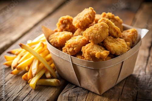 Crispy Chicken Nuggets and Golden Fries in a Rustic Paper Box - Perfect Fast Food Delight for Hungry Diners, Macro Photography Focus on Texture and Detail, Mouthwatering Fast Food Experience