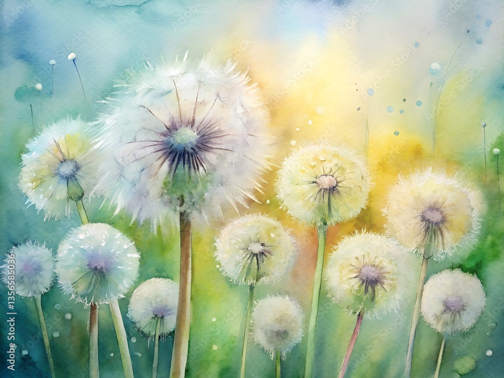 Beautiful watercolor painting of dandelions