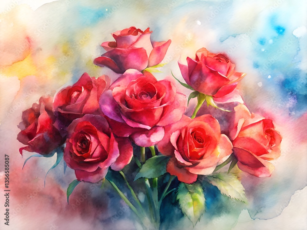 Beautiful watercolor painting of a bouquet of red roses