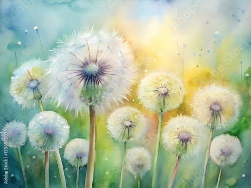 Beautiful watercolor painting of dandelions