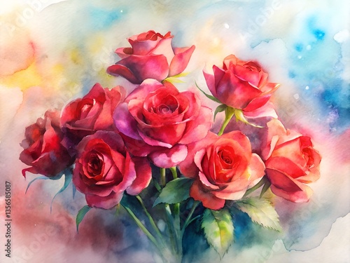 Obraz na płótnie Beautiful watercolor painting of a bouquet of red roses w salonie