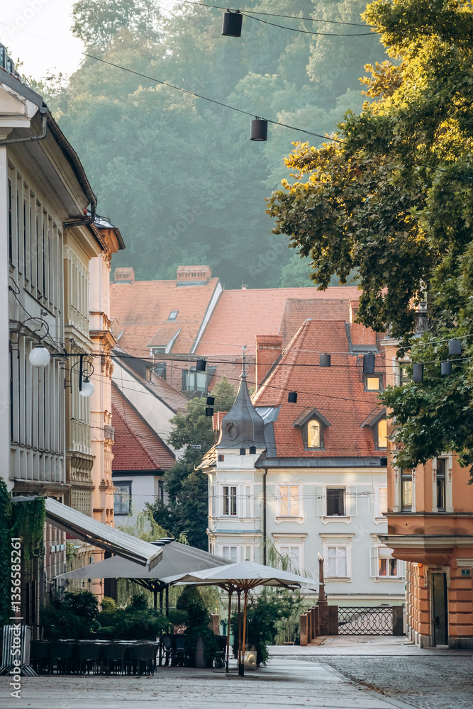 Obraz premium Ljubljana, Slovenia - August 15, 2024: Charming and beautiful city center of Ljubljana at dawn, with soft morning light and peaceful atmosphere