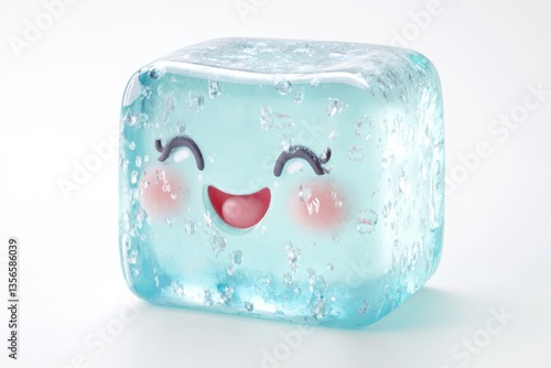 A cute, smiling ice cube with a translucent blue body and bubbly texture.