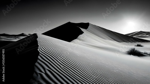 Fototapeta Naklejka Na Ścianę i Meble -  Black and white photograph of sand dunes with sharp peaks and textured ridges, illuminated by sunlight. Concept Black and White Photography, Sand Dunes, Textured Ridges, Sharp Peaks