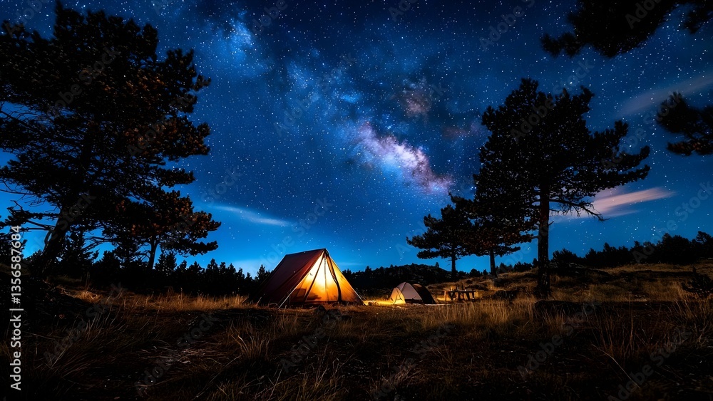A serene camping scene at night, featuring tents under a starry sky and the Milky Way, surrounded by tall trees. Concept Camping under Stars, Milky Way Photography, Peaceful Outdoor Retreat A serene camping scene at night, featuring tents under a starry sky and the Milky Way, surrounded by tall trees. Concept Camping under Stars, Milky Way Photography, Peaceful Outdoor Retreat