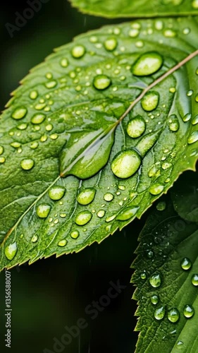 Close-up of green leaves glistening with water droplets in a lush garden setting after recent rain