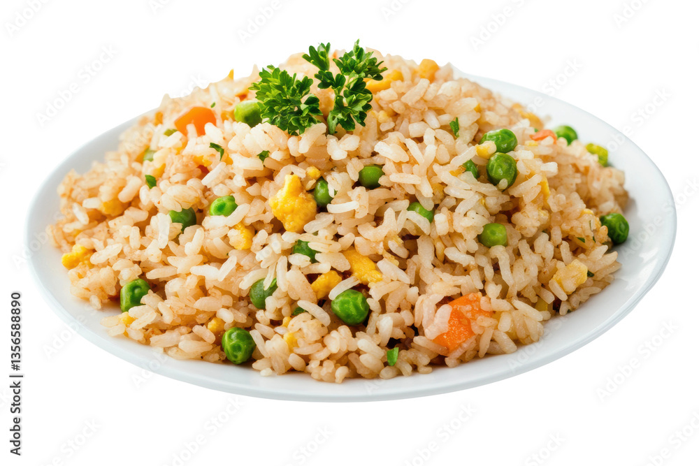Delicious vegetable fried rice with peas, carrots, and parsley garnish, cut out Delicious vegetable fried rice with peas, carrots, and parsley garnish, cut out