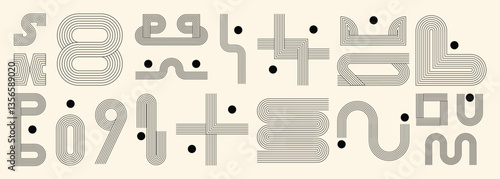 Hand drawn abstract minimal element mid century vector set. Aesthetic contemporary stripe line art, geometric shape in monochrome. Art form design for wall art, decoration, wallpaper.