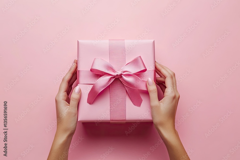 Detailed Visual of Person Tying Bow on Big Pink Gift Box Detailed Visual of Person Tying Bow on Big Pink Gift Box