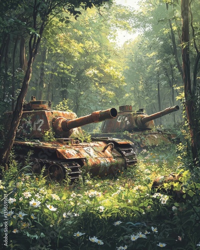 A serene, abandoned battlefield where rusted military tank is gently overtaken by lush greenery and blooming wildflowers. 