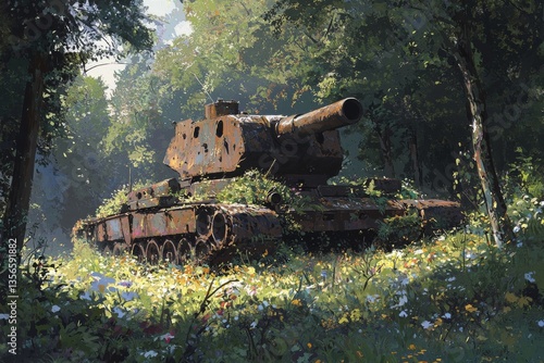 A serene, abandoned battlefield where rusted military tank is gently overtaken by lush greenery and blooming wildflowers. 