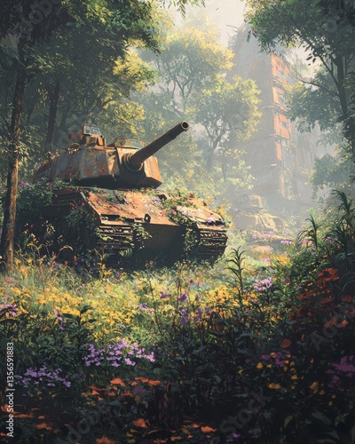 A serene, abandoned battlefield where rusted military tank is gently overtaken by lush greenery and blooming wildflowers. 