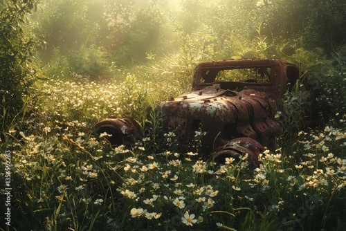 A serene, abandoned battlefield where rusted military vehicle is gently overtaken by lush greenery and blooming wildflowers. 