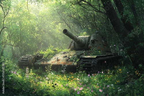 A serene, abandoned battlefield where rusted military tank is gently overtaken by lush greenery and blooming wildflowers. 