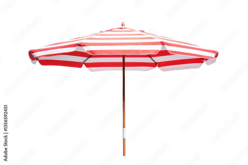 Red and white striped beach umbrella on wooden pole isolated on white background, cut out