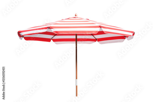 Obraz na płótnie Red and white striped beach umbrella on wooden pole isolated on white background, cut out w salonie