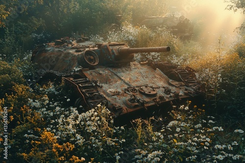 A serene, abandoned battlefield where rusted military tank is gently overtaken by lush greenery and blooming wildflowers. 