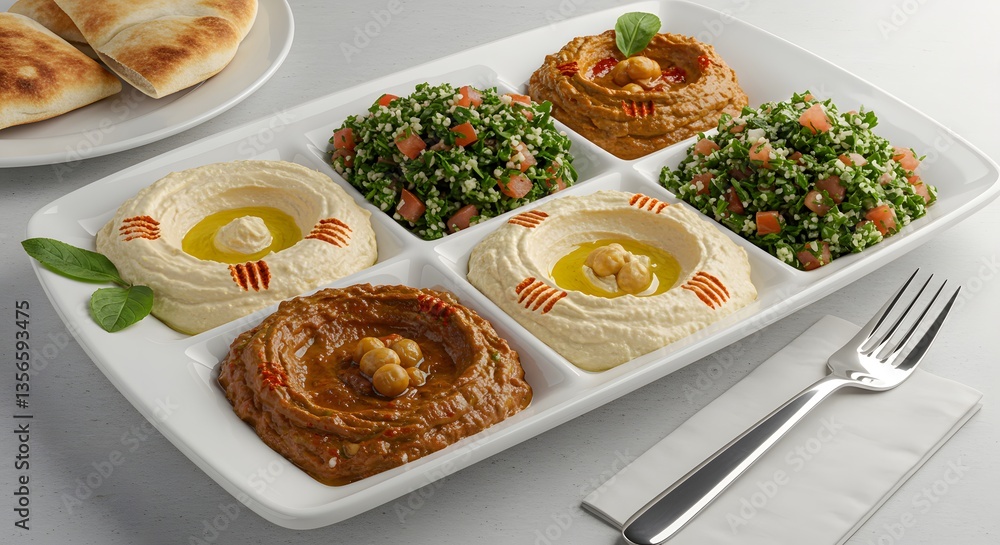 Variety of Middle Eastern Dips: Hummus and Tabbouleh Selection Appetizer Platter Variety of Middle Eastern Dips: Hummus and Tabbouleh Selection Appetizer Platter