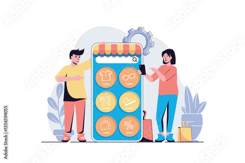 Mobile commerce web concept with cartoon people design. Woman and man making online purchases, ordering clothes, shoes or food at shop in app. Flat vector illustration isolated on white background.