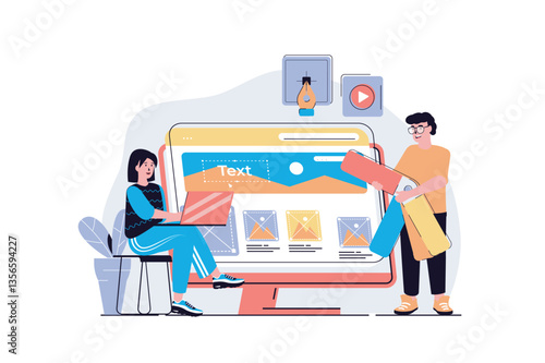 Web design concept with cartoon people design. Man and woman programming and creating site layout with content organization, elements placement. Flat vector illustration isolated on white background.
