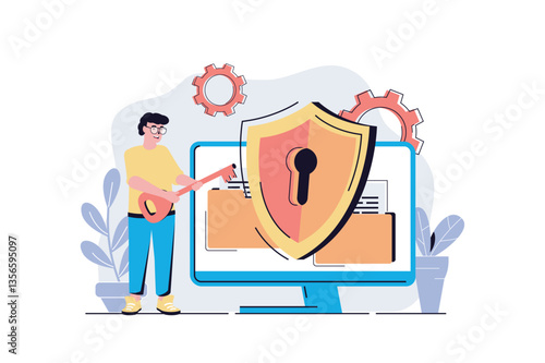 Cyber security web concept with cartoon people design. Man using online protection system for personal computer files with encryption defending. Flat vector illustration isolated on white background.